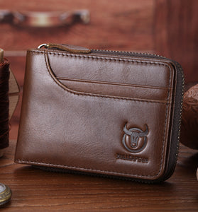 BULLCAPTAIN Men Short Wallet RFID Blocking Card Holder Cowhide Coin Purse Retro Genuine Leather Clutch Zipper Male Money Bags