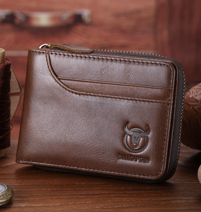 BULLCAPTAIN Men Short Wallet RFID Blocking Card Holder Cowhide Coin Purse Retro Genuine Leather Clutch Zipper Male Money Bags