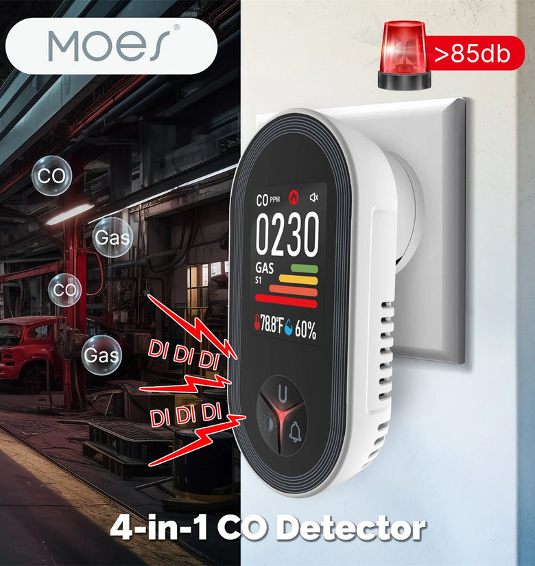 MOES 4-in-1 Plug-in Gas Detector CO Combustible Gas Monitor with Temp/Humidity Sensor Built-in Alarm Digital Display Plug and Play for Home Security