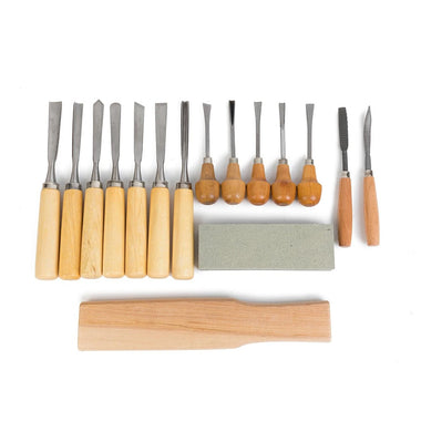 16 Pcs Carving Tools Set Chromium-Vanadium Steel Wood Chisels with Wooden Handles Canvas Bag for Woodworking with Sharpening Stone