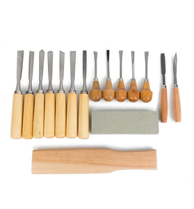 16 Pcs Carving Tools Set Chromium-Vanadium Steel Wood Chisels with Wooden Handles Canvas Bag for Woodworking with Sharpening Stone