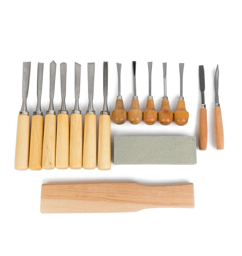 16 Pcs Carving Tools Set Chromium-Vanadium Steel Wood Chisels with Wooden Handles Canvas Bag for Woodworking with Sharpening Stone