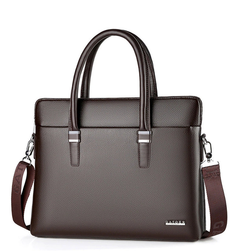 Men's Business Leather Briefcase Solid Simple Fashion 14'' Laptop Handbag Waterproof Large Capacity Shoulder Crossbody Bag