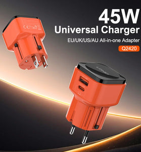 [GaN Tech] LDNIO Q2420 45W 2-Port USB PD CHarger USB-A+USB-C PD QC4+/3.0 SCP AFC PPS Fast Charging Wall Charger Adapter Built-in EU/US/UK/AU Universal Plug for iPhone 16 16 Pro 15 14 13 Pro Max for Huawei Mate XT for Xiaomi 15pro