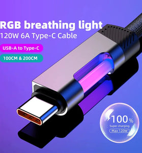 120W USB-A to USB-C RGB Cable Fast Charging Data Transmission Copper Core Line 1M/2M Long for iPhone 16 16 Pro 15 Pro Max for Huawei Pura X for Xiaomi 15Pro for Samsung Galaxy S25 Ultra