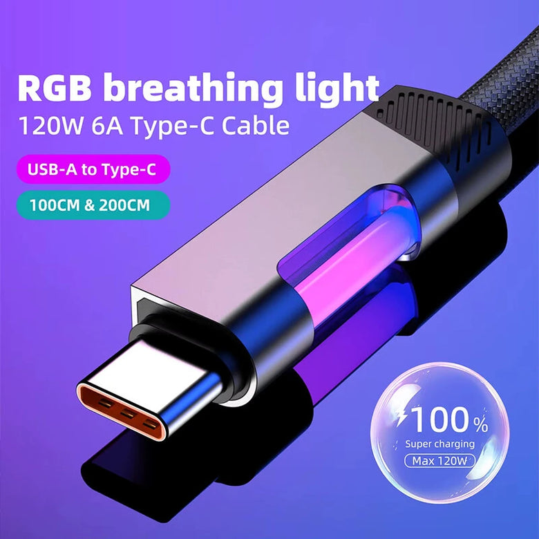 120W USB-A to USB-C RGB Cable Fast Charging Data Transmission Copper Core Line 1M/2M Long for iPhone 16 16 Pro 15 Pro Max for Huawei Pura X for Xiaomi 15Pro for Samsung Galaxy S25 Ultra