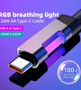 120W USB-A to USB-C RGB Cable Fast Charging Data Transmission Copper Core Line 1M/2M Long for iPhone 16 16 Pro 15 Pro Max for Huawei Pura X for Xiaomi 15Pro for Samsung Galaxy S25 Ultra