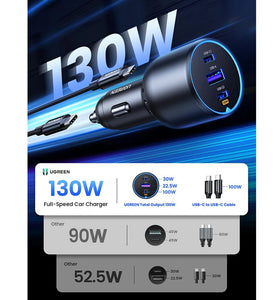 UGREEN 130W USB C Car Charger PD 100W +PD 30W Type C Car Charger Adapter for iPhone 16 16 Plus 16 Pro 16 Pro Max Galaxy S24 S23 Ultra for iPad MacBook