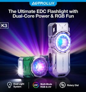 Astrolux K3 1550LM EDC Flashlight Long Throw 209m Rotary Dial Control Throw Flood Combo LED Torch with RGB 18 LEDs, UV 395nm, 16300 Rechargeable, IPX6 Ideal for Outdoor, Search, Emergency and EDC Use