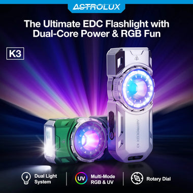 Astrolux K3 1550LM EDC Flashlight Long Throw 209m Rotary Dial Control Throw Flood Combo LED Torch with RGB 18 LEDs, UV 395nm, 16300 Rechargeable, IPX6 Ideal for Outdoor, Search, Emergency and EDC Use
