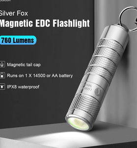 Lumintop Silver Fox 2.0 760LM EDC LED Keychain Flashlight with 14500 USB-C Charging Battery, Powerful Magnetic Tail Mini Torch Outdoor Camping Pocket Light
