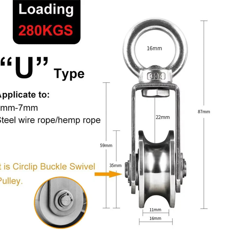 304 Stainless Steel Swivel Pulley Duplex Bearing Ultra Silent Detachable Rotation Heavy Duty Traction Wheel 280kg Load Capacity 360 Degree for Indoor Outdoor Rope Tool