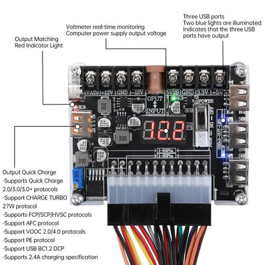 20/24Pin ATX Power Transfer Board Digital Voltage Display Multi-Output 5V-12V USB PD Fast Charging Adjustable Voltage Module with DC Socket for Electronics Testing Multi-Device Charging