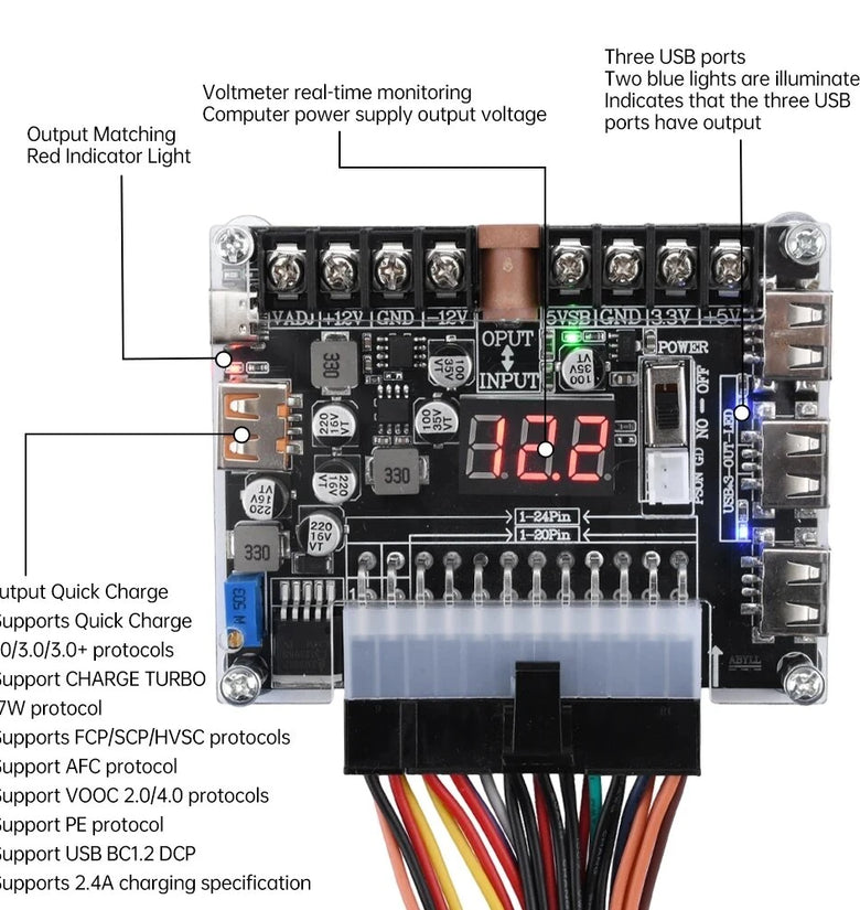 20/24Pin ATX Power Transfer Board Digital Voltage Display Multi-Output 5V-12V USB PD Fast Charging Adjustable Voltage Module with DC Socket for Electronics Testing Multi-Device Charging