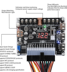 20/24Pin ATX Power Transfer Board Digital Voltage Display Multi-Output 5V-12V USB PD Fast Charging Adjustable Voltage Module with DC Socket for Electronics Testing Multi-Device Charging