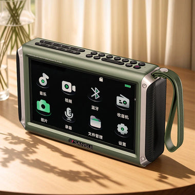 SANSUI F55 Wireless bluetooth Speaker 7-inch LED Display Radio Dual Internal Magnetic Horn Deep Bass Portable FM Radio Dual TF Card Slot/USB Drive/AUX MP4 Music Player Video Speaker with Stand and Lanyard