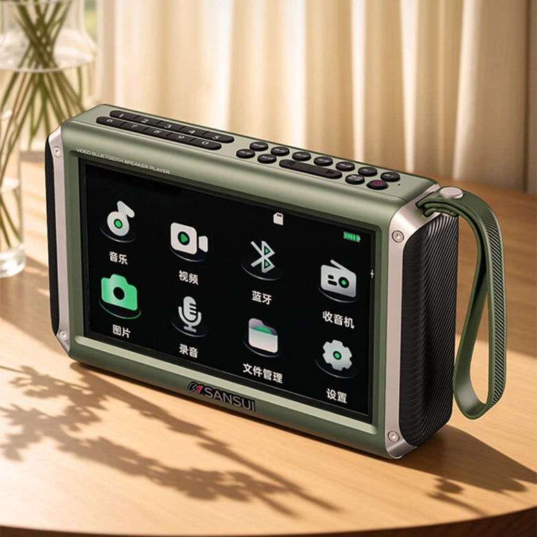 SANSUI F55 Wireless bluetooth Speaker 7-inch LED Display Radio Dual Internal Magnetic Horn Deep Bass Portable FM Radio Dual TF Card Slot/USB Drive/AUX MP4 Music Player Video Speaker with Stand and Lanyard