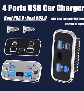 4-Port USB Car Charger Dual PD3.0 USB-C Dual QC3.0 Fast Charging 12V 24V Waterproof Metal Shell Digital Voltmeter Adapter for Car Marine RV Truck Boat Motorcycle