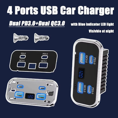 4-Port USB Car Charger Dual PD3.0 USB-C Dual QC3.0 Fast Charging 12V 24V Waterproof Metal Shell Digital Voltmeter Adapter for Car Marine RV Truck Boat Motorcycle