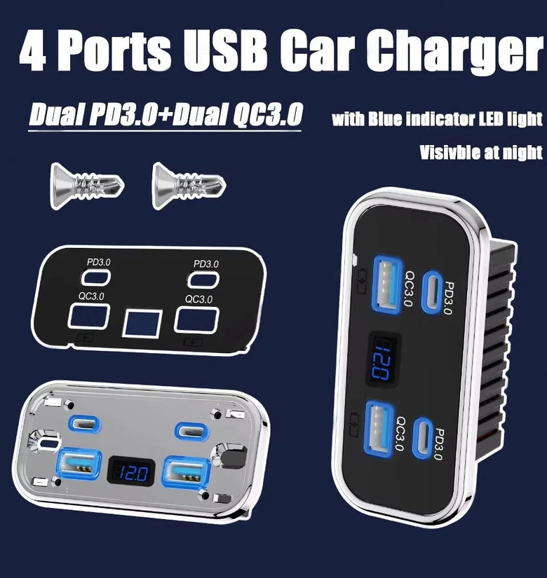 4-Port USB Car Charger Dual PD3.0 USB-C Dual QC3.0 Fast Charging 12V 24V Waterproof Metal Shell Digital Voltmeter Adapter for Car Marine RV Truck Boat Motorcycle