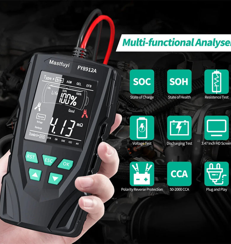 FY8912A Car Battery Tester 12V/24V 8V-36V Wide Voltage Range Lead-Acid AGM GEL EFB Diagnostic Tool