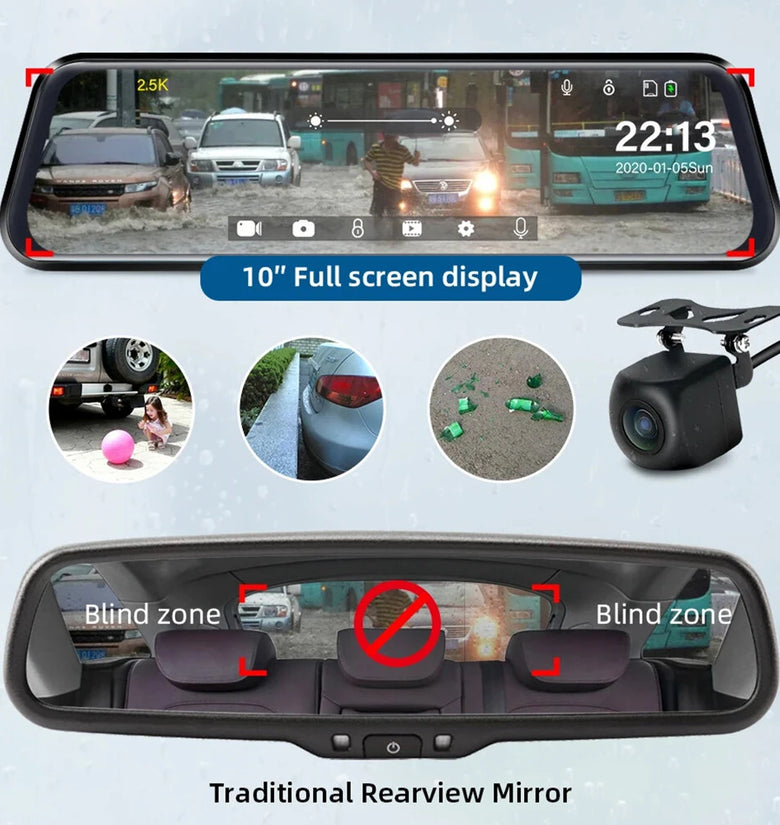 10Inch Touch Screen 1080P HD Front Rear Dual Camera Full-Screen Streaming Car Rearview Mirror Dashcam Dual Channel Recorder