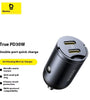 Baseus 30W 2-Port USB PD Car Charger Adapter USB-C+USB-C PD QC SCP FCP AFC Fast Charging for iPhone 16 16 Pro 15 14 13 Pro Max for Huawei Mate XT for Xiaomi MIX Fold4 for Samsung Galaxy Z Flip6