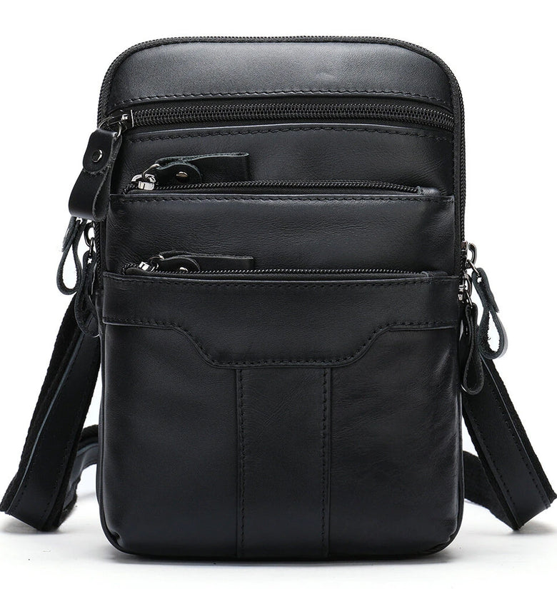 Ekphero Men's Genuine Leather Crossbody Bag with Zipper Mobile Phone Shoulder Bag Small Travel Waist Bag Multi-Pockets Male Belt Waist Packs