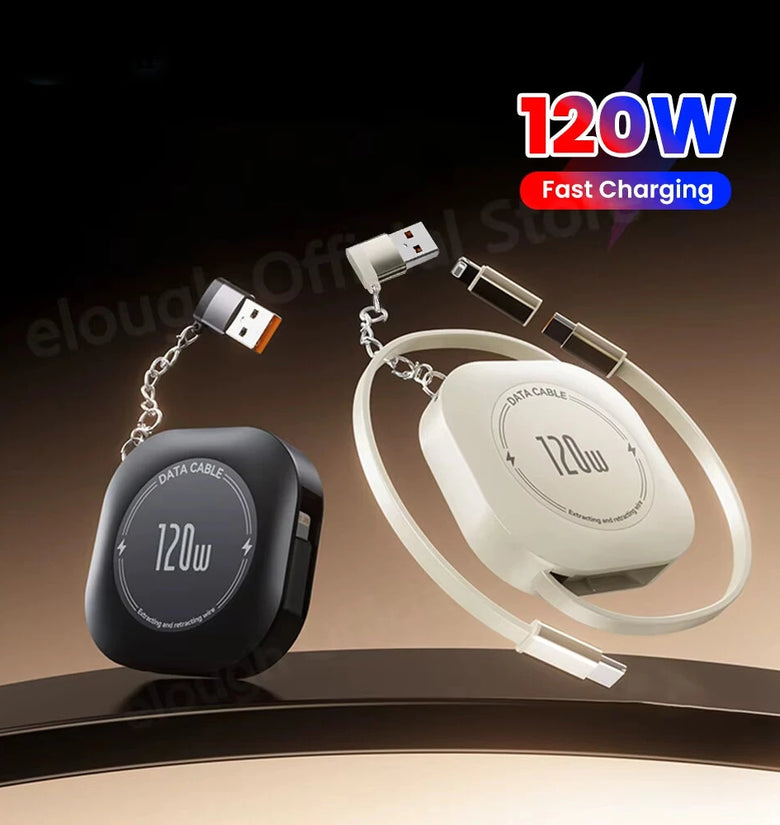 120W 4-in-1 Retractable&Storage Cable USB-A/Type-C to Type-C/iP Cable PD QC FCP AFC SCP Fast Charging Data Transmission
