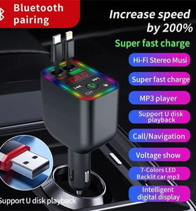 Y3 Car Audio Transmitter Bluetooth Music Player with Retractable Charging Cable and Fast Car Charger