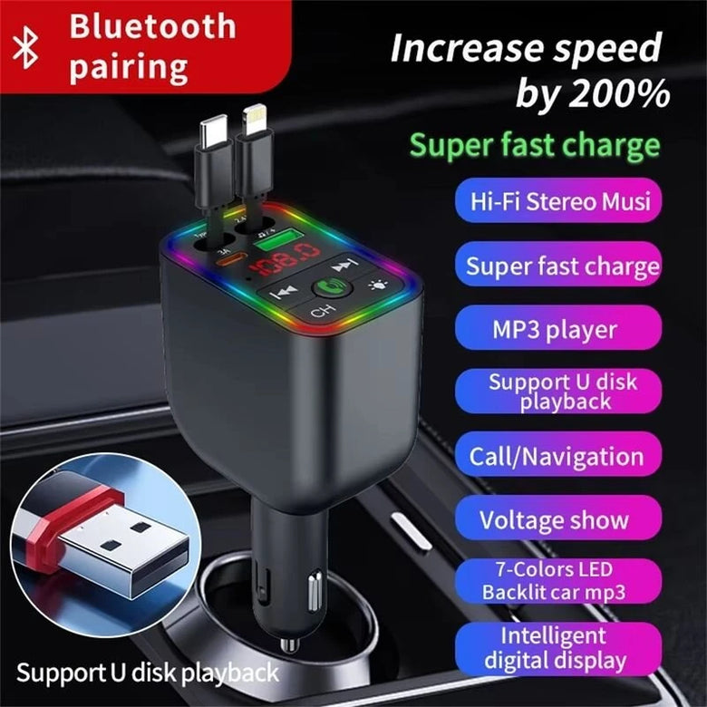 Y3 Car Audio Transmitter Bluetooth Music Player with Retractable Charging Cable and Fast Car Charger