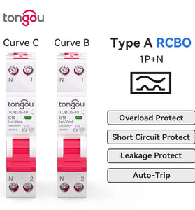 Tongou 16A/40A RCBO Residual Current Circuit Breaker 1P+N Type-B/C Curve 30mA Leakage Overload Protection Short Circuit Protection