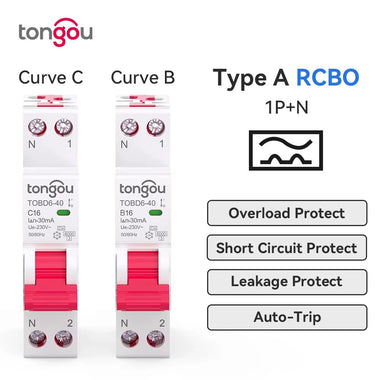 Tongou 16A/40A RCBO Residual Current Circuit Breaker 1P+N Type-B/C Curve 30mA Leakage Overload Protection Short Circuit Protection