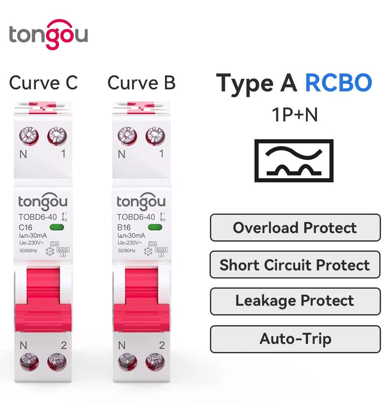 Tongou 16A/40A RCBO Residual Current Circuit Breaker 1P+N Type-B/C Curve 30mA Leakage Overload Protection Short Circuit Protection