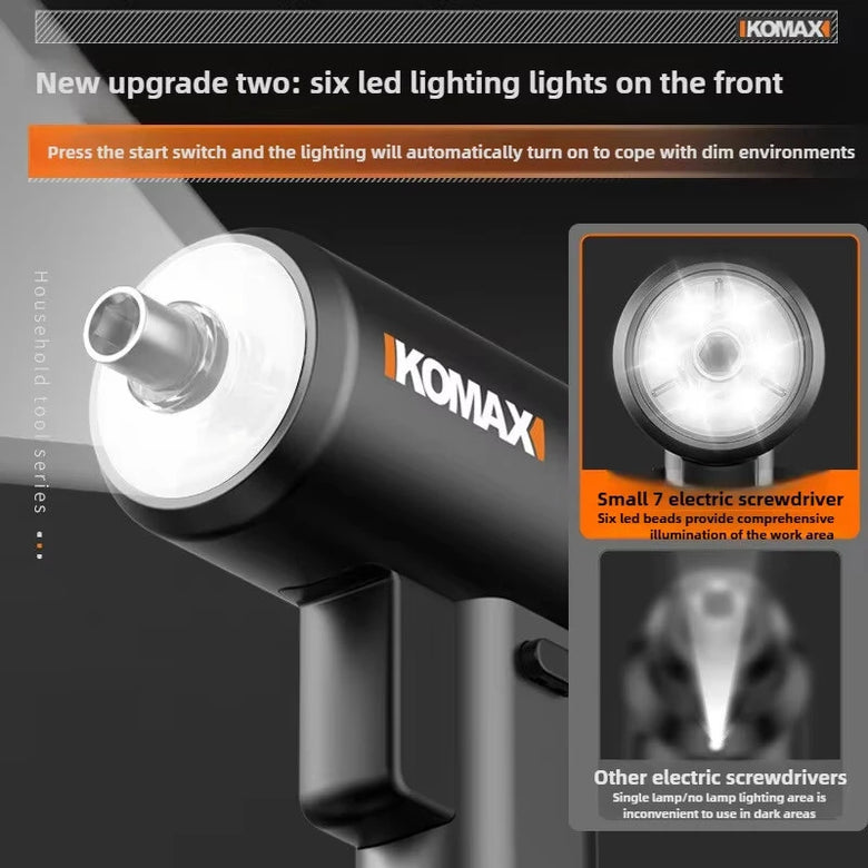 KOMAX Small 7 Electric Screwdriver Rechargeable Multi-Functional Household Cordless Power Drill Driver Tool with 6 LED Lights Strong Magnetic Chuck High Torque Motor and USB Charging Cable for Home Repair and DIY Projects