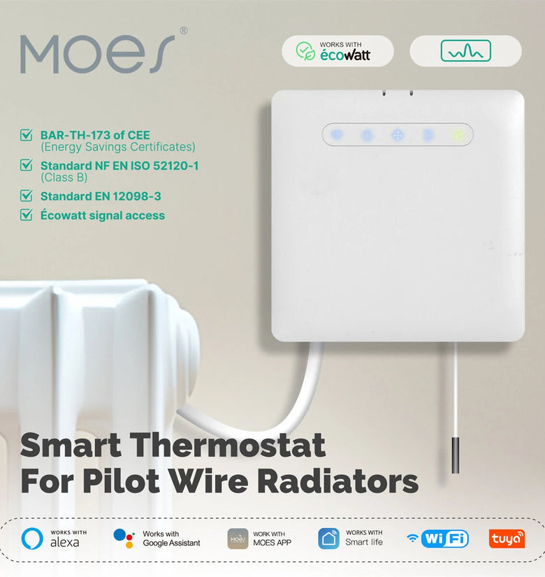 MOES Tuya Wifi Smart Thermostat for Pilot Wire Heating Radiator Support Ecowatt Electricity Monitoring App Remote Control Work with Alexa Google Home
