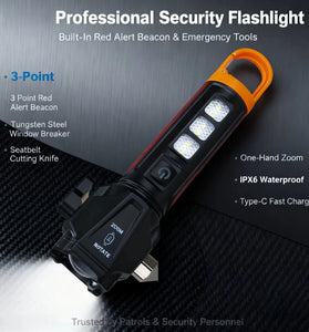 BL-X90 Zoom Handheld Flashlight with Dual Light Source Safety Hammer & Seat Belt Cutter USB-C Rechargeable Waterproof for Car Emergency Outdoor Tactical Lamp with Hook