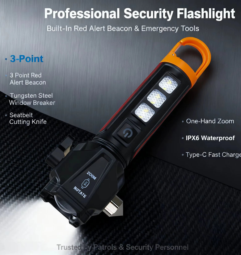 BL-X90 Zoom Handheld Flashlight with Dual Light Source Safety Hammer & Seat Belt Cutter USB-C Rechargeable Waterproof for Car Emergency Outdoor Tactical Lamp with Hook