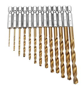 Drillpro DB-T2 13pcs 1.5-6.5mm HSS Titanium Coated 1/4 Inch Hex Shank Twist Drill Bit Set
