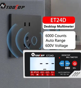 TOOLTOP ET24D 6000 Counts True RMS Desktop Multimeter Auto-Recognition AC DC Voltage Tester Capacitance Temperature Continuity NCV Measurement LCD Backlit Rechargeable Lithium Battery Compact Design