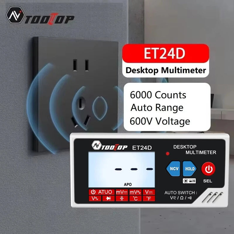 TOOLTOP ET24D 6000 Counts True RMS Desktop Multimeter Auto-Recognition AC DC Voltage Tester Capacitance Temperature Continuity NCV Measurement LCD Backlit Rechargeable Lithium Battery Compact Design