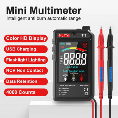 Smart T3 Digital Multimeter 4000 Counts True RMS Type-C Rechargeable HD Color LCD AC DC Voltage Resistance Live Wire Recognition Auto-ranging