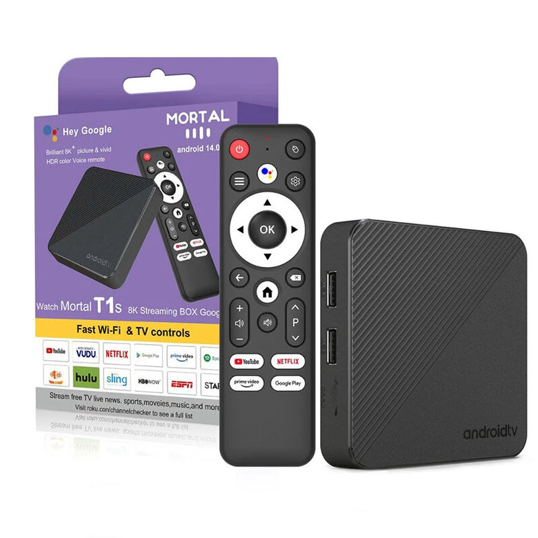 Mortal T1S 2+16G Android 14.0 TV Box Allwinner H313 Quad-core 3D 8K Media Player Support WiFi6 2.4G/5.8G bluetooth 5.0 Set Top Box with bluetooth Voice Remote Control