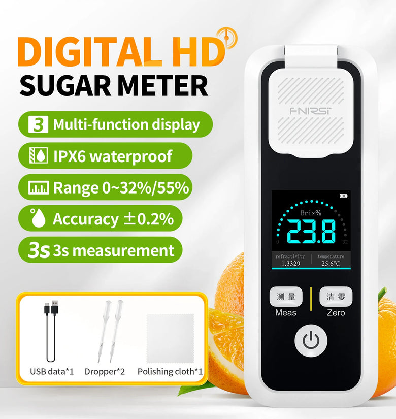FNIRSI JBM-10 JBM-20 Digital Brix Refractometer 0-32% 0-55% Brix High Precision 0.2% IPS Display Type-C Charging For Fruit Sugar Testing