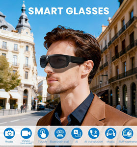 AI Smart Camera Glasses 8MP 1080P HD 156 Languages AI Translation Voice Assistant Touch Control UV400 Eye Protection Long battery Bluetooth Sports Camera for Safety Recording