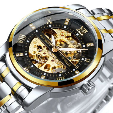 Classic Mechanical Watches Luxury Diamond Dial Black Gold Skeleton Automatic Mens Watch Stainless Steel Strap Wristwatch