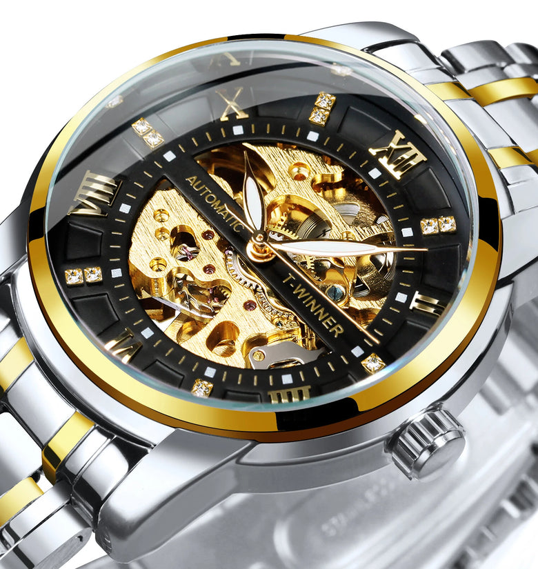 Classic Mechanical Watches Luxury Diamond Dial Black Gold Skeleton Automatic Mens Watch Stainless Steel Strap Wristwatch
