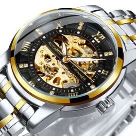 Classic Mechanical Watches Luxury Diamond Dial Black Gold Skeleton Automatic Mens Watch Stainless Steel Strap Wristwatch