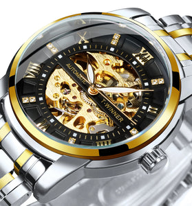 Classic Mechanical Watches Luxury Diamond Dial Black Gold Skeleton Automatic Mens Watch Stainless Steel Strap Wristwatch