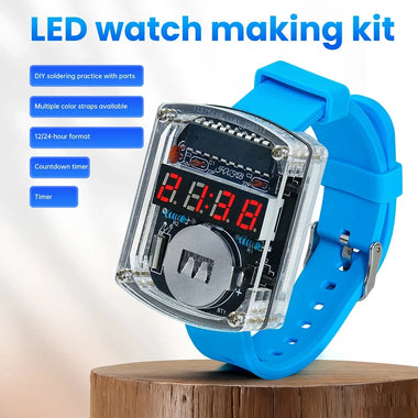 HU090 DIY LED Digital Watch Kit 0.28 Inch Red Display Silicone Strap 12/24 Hour Format Countdown Timer Acrylic Shell Battery Operated Beginner Soldering Practice